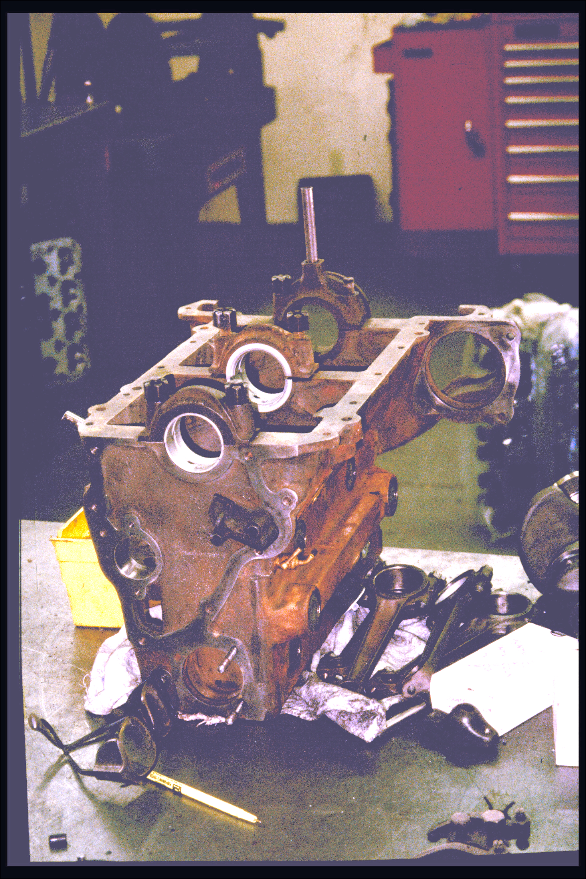 Engine block (inverted) and piston rods